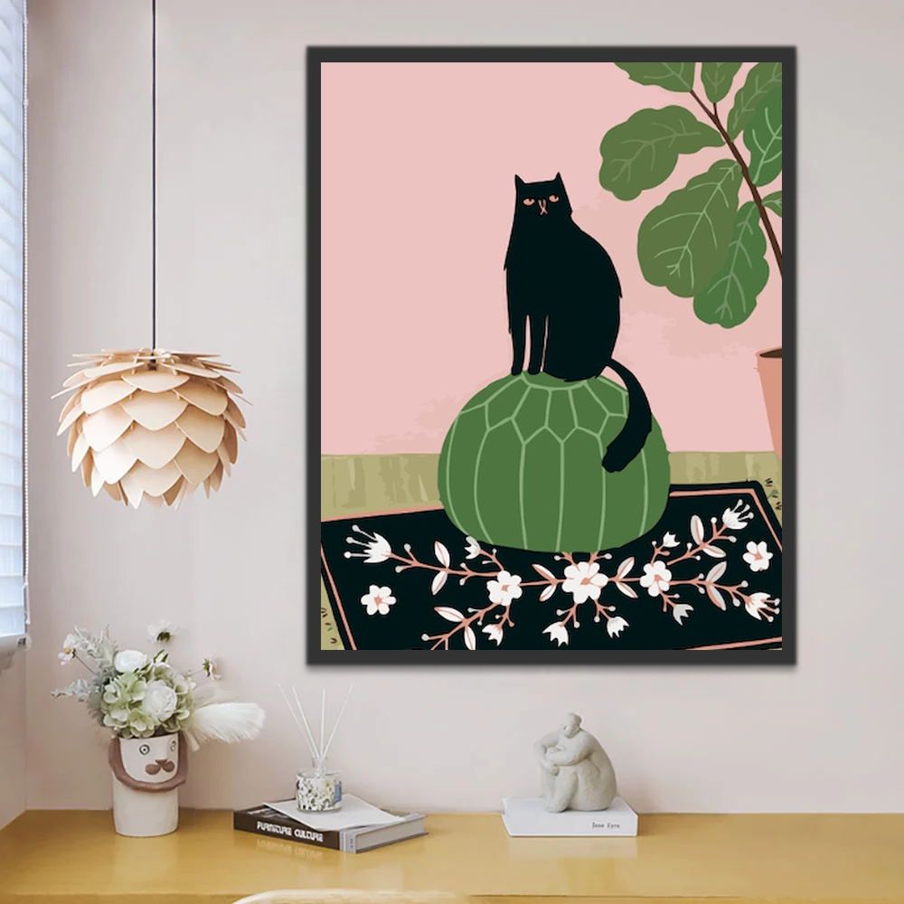 Gato Negro Sentado sobre una Silla Redonda Pintar por Números Niños