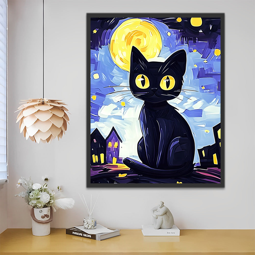 Gato Negro y la Luna en la Noche Pintar por Números