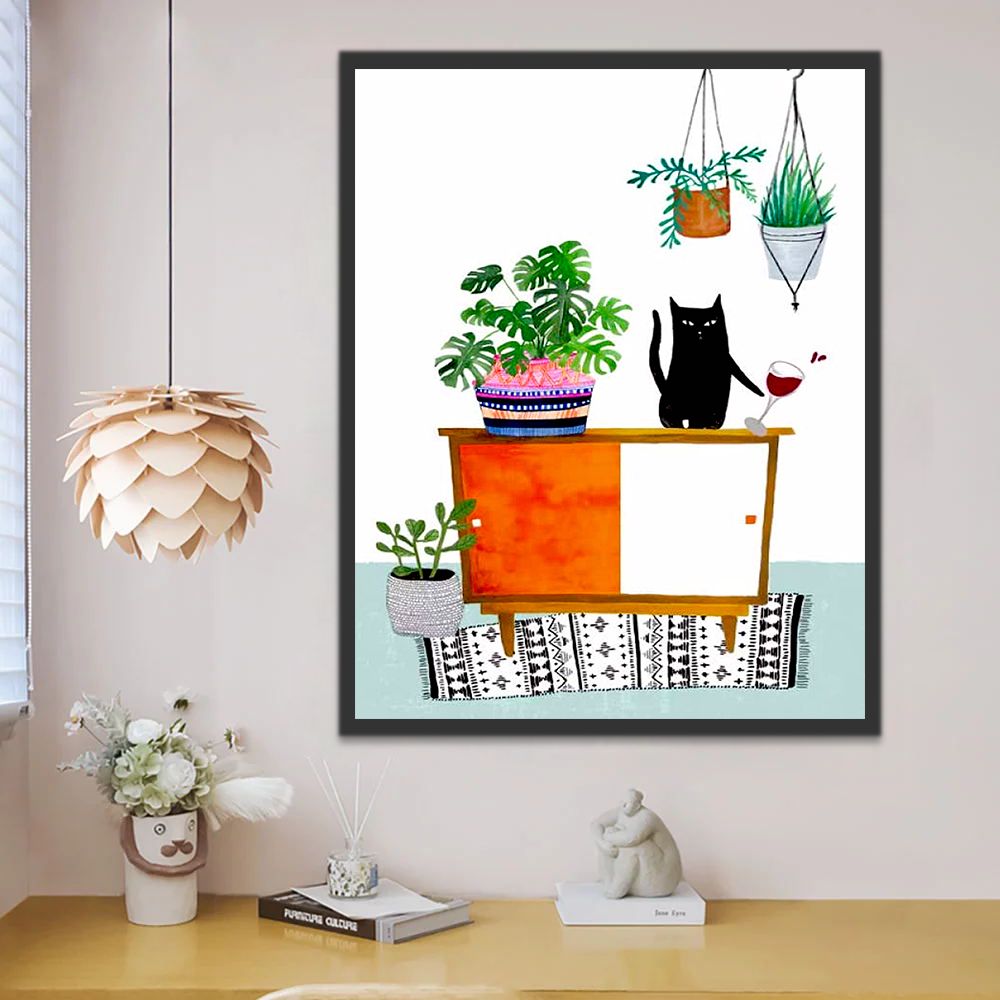 Gato Negro y Planta Verde sobre Mesa Pintar por Números Niños