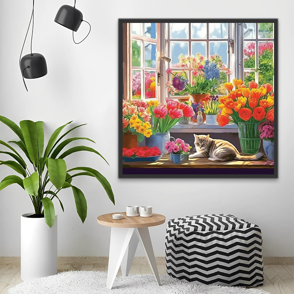 Gato Rodeado de Flores Bajo la Ventana Pintar por Números