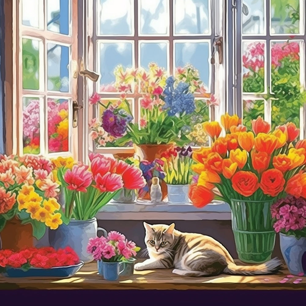 Gato Rodeado de Flores Bajo la Ventana Pintar por Números