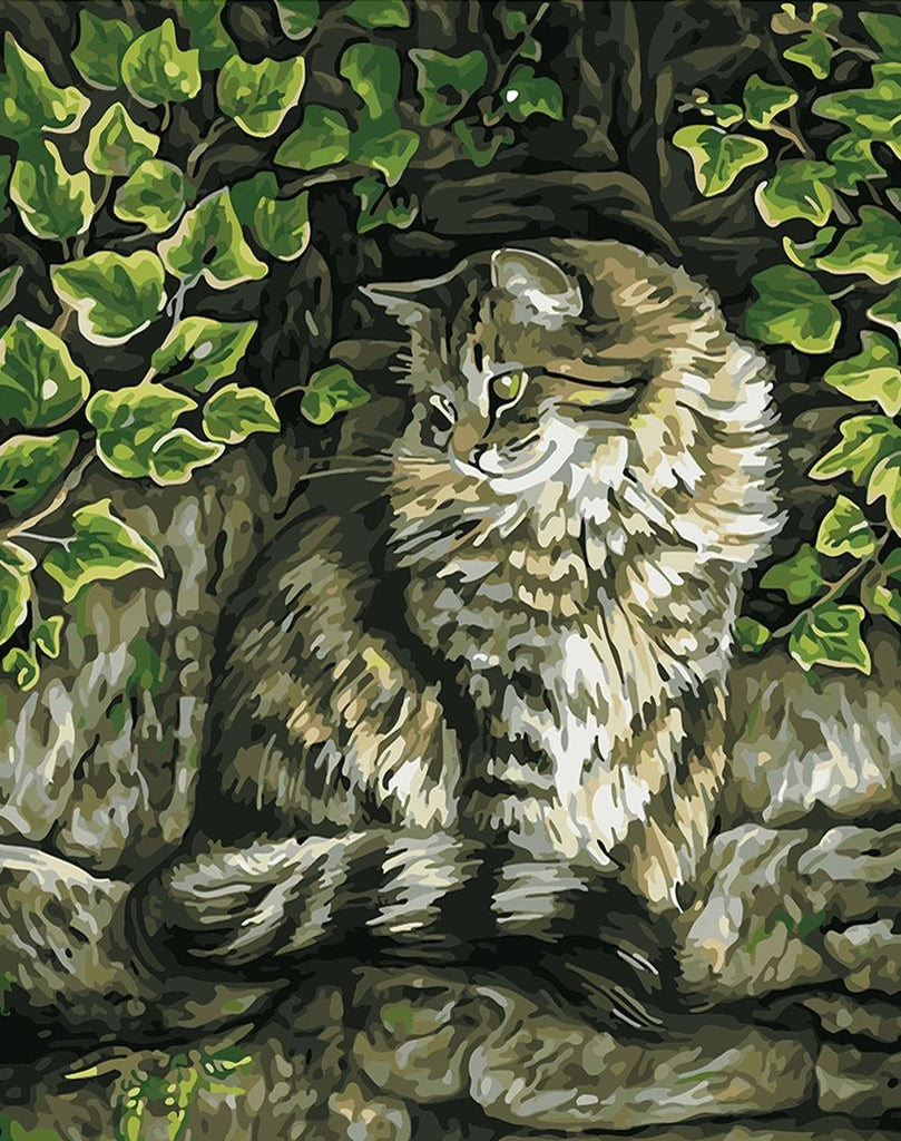 Gato Rodeado de Hojas Verdes Pintar por Números