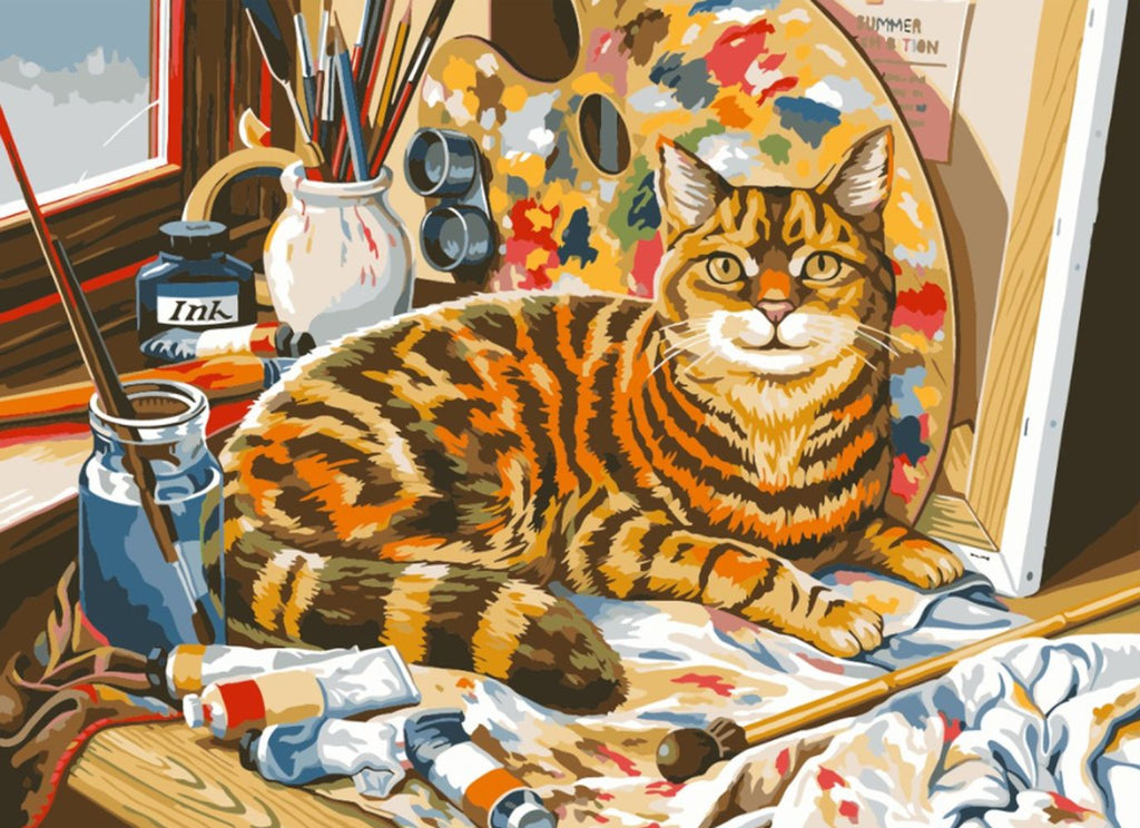 Gato Sentado al Lado de Paleta de Pintura Pintar por Números