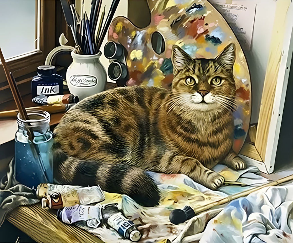 Gato Sentado al Lado de Paleta de Pintura Pintar por Números