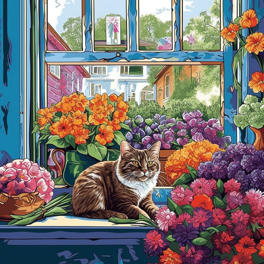 Gato Sentado sobre Alféizar Rodeado de Flores Pintar por Números