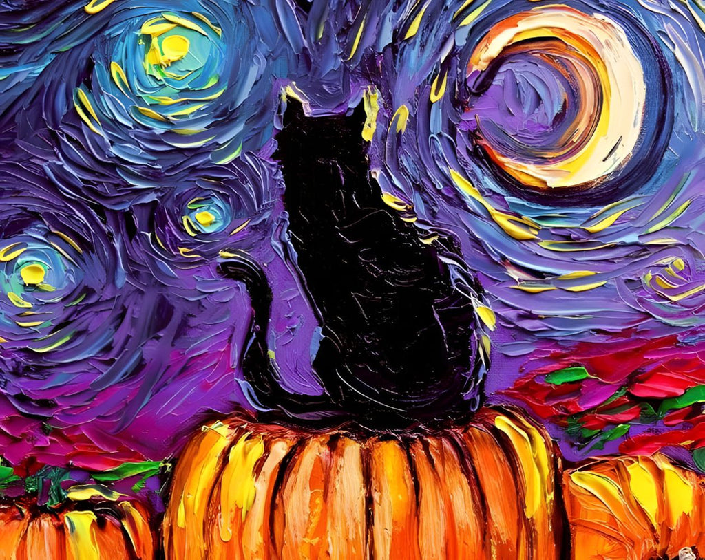 Gato Sentado sobre la Calabaza y la Noche Estrellada Pintar por Números