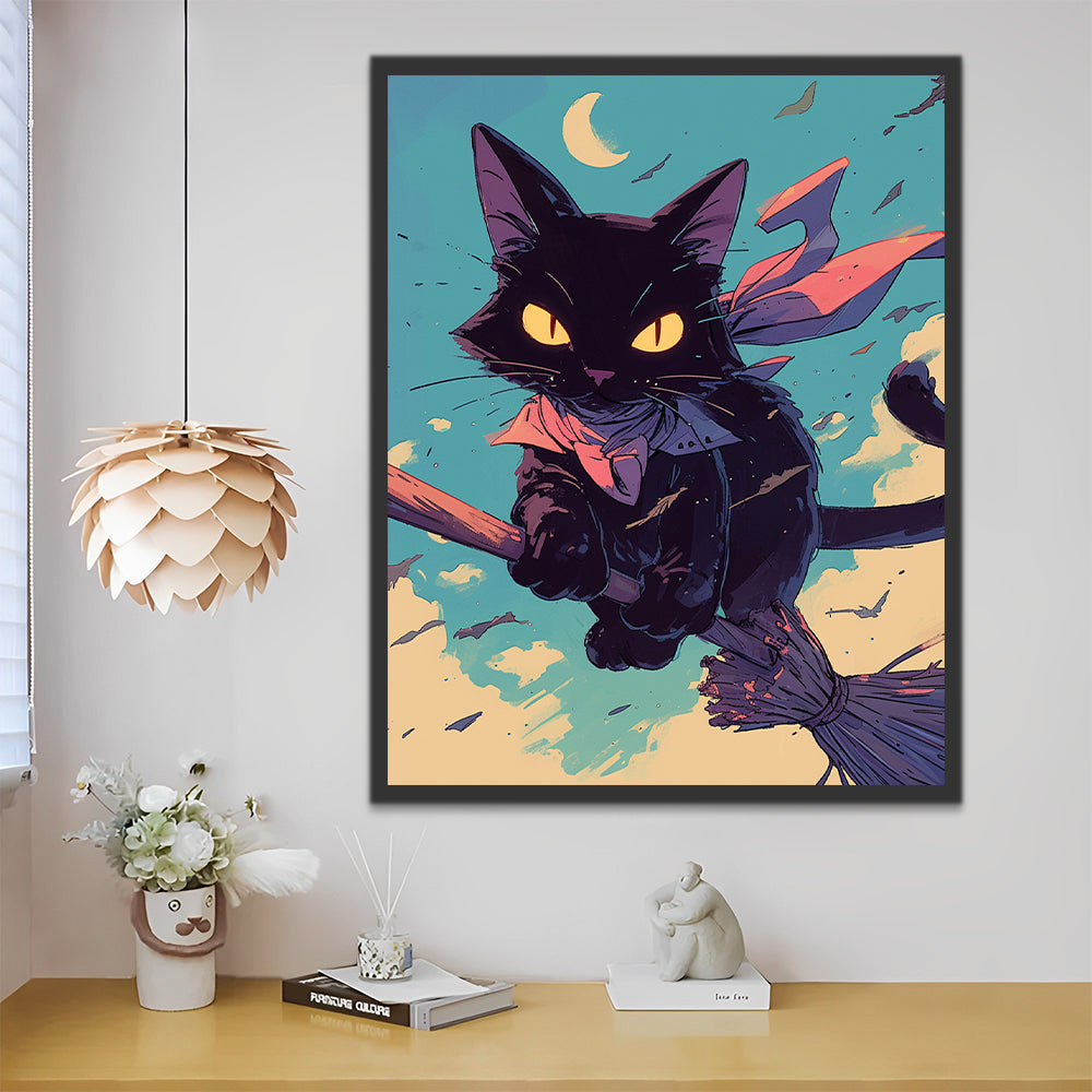 Gato Sentado sobre la Escoba Mágica de Bruja Pintar por Números