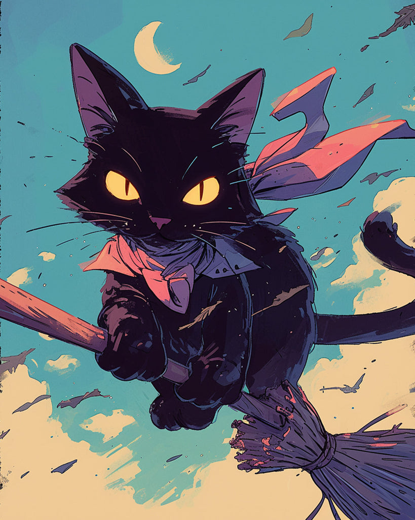 Gato Sentado sobre la Escoba Mágica de Bruja Pintar por Números