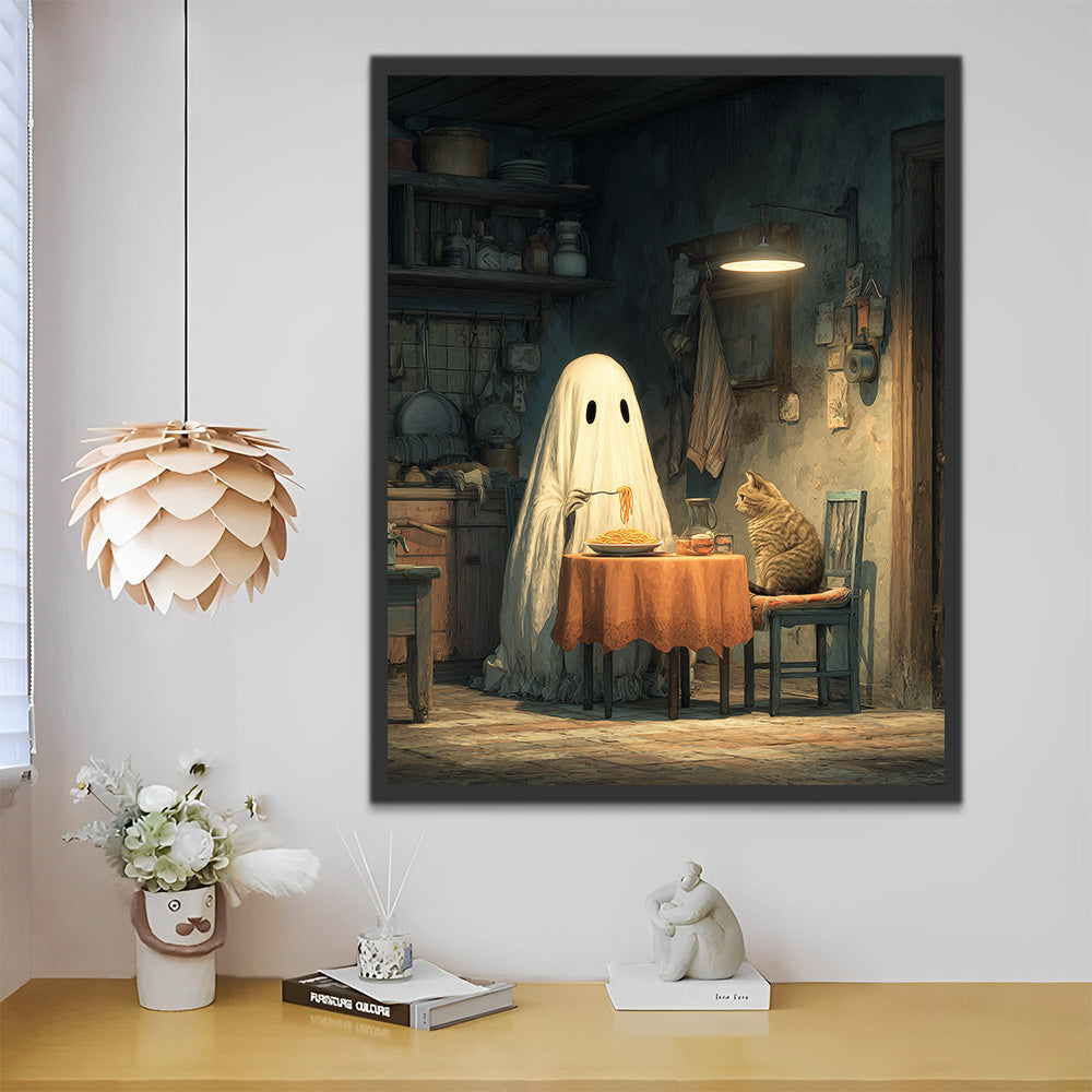 Gato y Fantasma Blanco Comiendo Fideos Pintar por Números