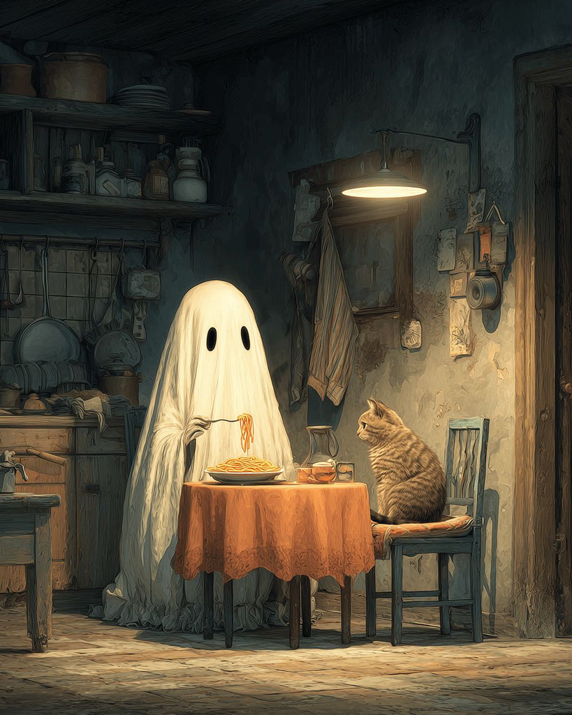 Gato y Fantasma Blanco Comiendo Fideos Pintar por Números