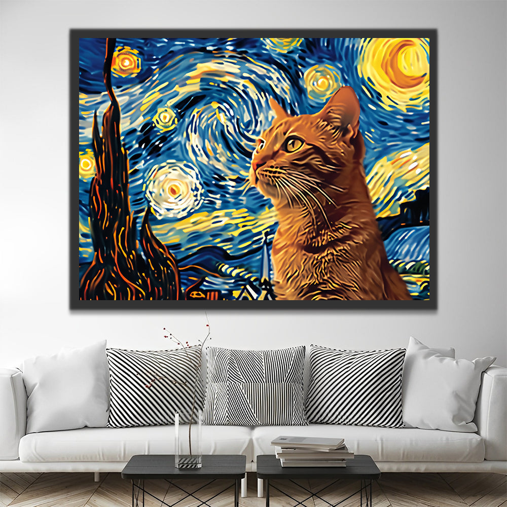 Gato y La Noche Estrellada de Van Gogh Pintar por Números