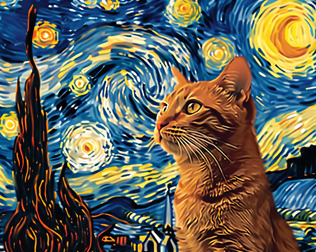 Gato y La Noche Estrellada de Van Gogh Pintar por Números