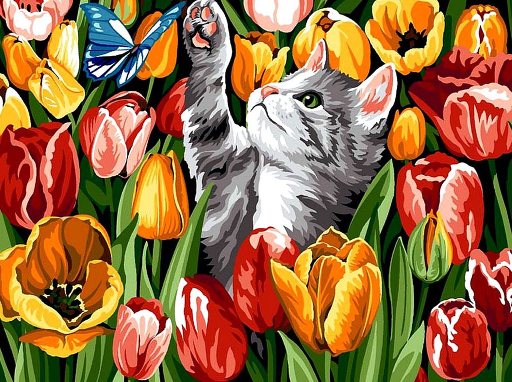 Gato y Mariposa en el Tulipán Pintar por Números