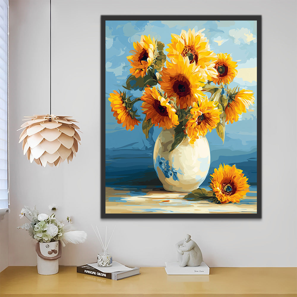 Girasoles en el Jarrón de Porcelana Pintar por Números