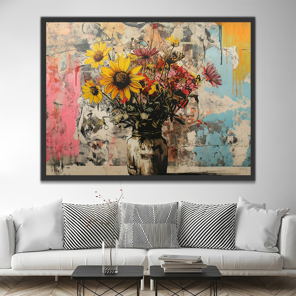 Girasoles en Florero con Fondo de Pared Colorida Pintar por Números