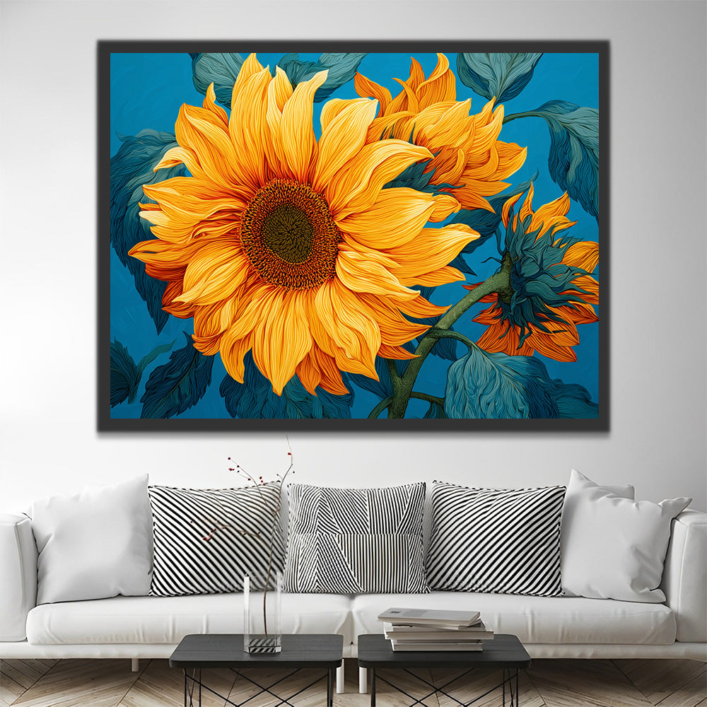 Girasoles en Fondo Azul Pintar por Números