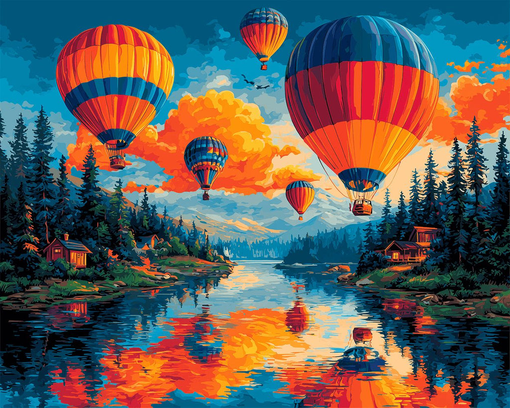 Globos Aerostáticos sobre Río y Bosque Pintar por Números