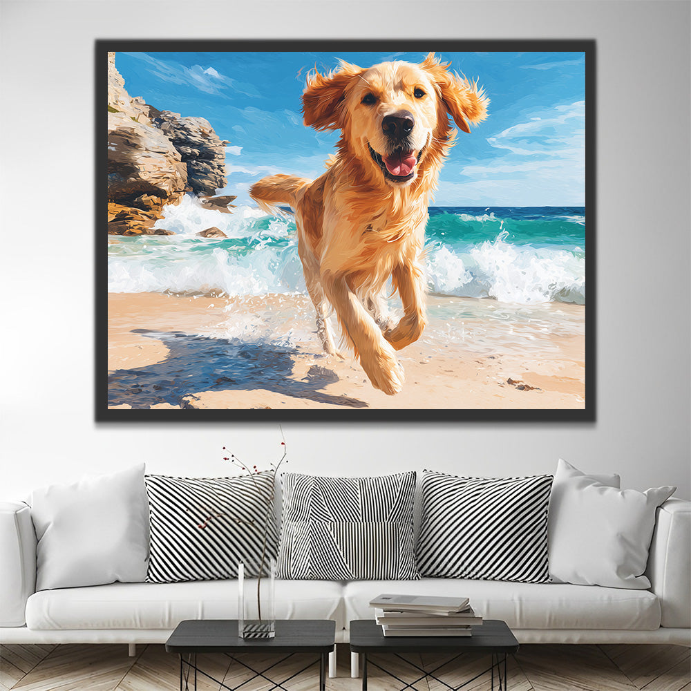 Golden Retriever Corriendo con Felicidad Junto al Mar Pintar por Números