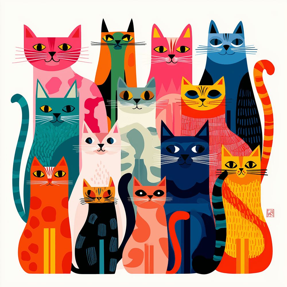 Grupo de Gatos Coloridos Sonrientes Pintar por Números