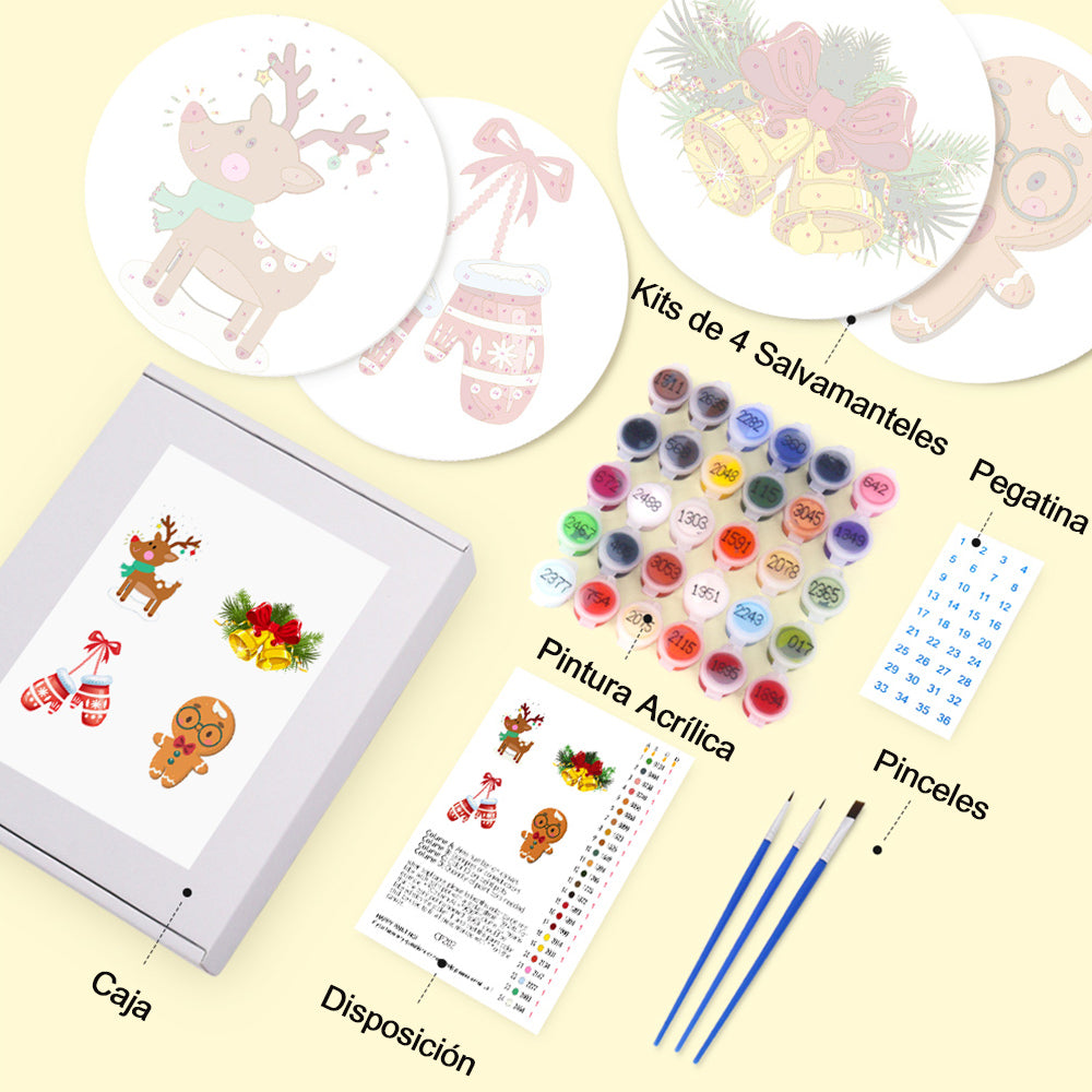 Guantes y Campanas de Navidad 4 Salvamanteles Pintar por Números