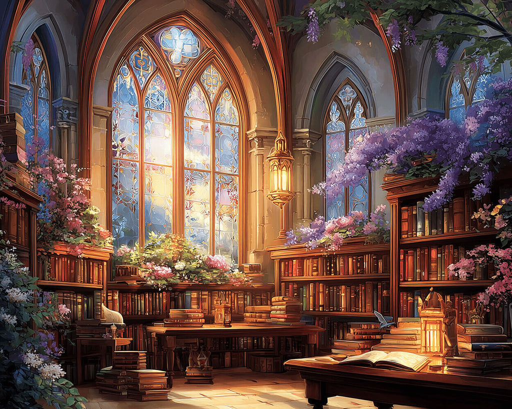 Hermosa Librería Vintage Llena de Flores de Glicina Pintar por Números