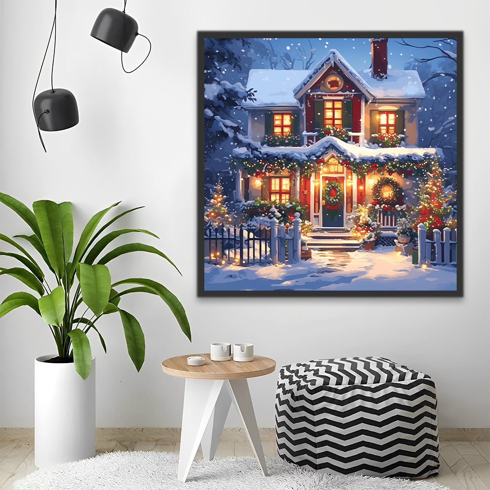 Hermosas Decoraciones Navideñas Fuera de la Casa por la Noche Pintar por Números
