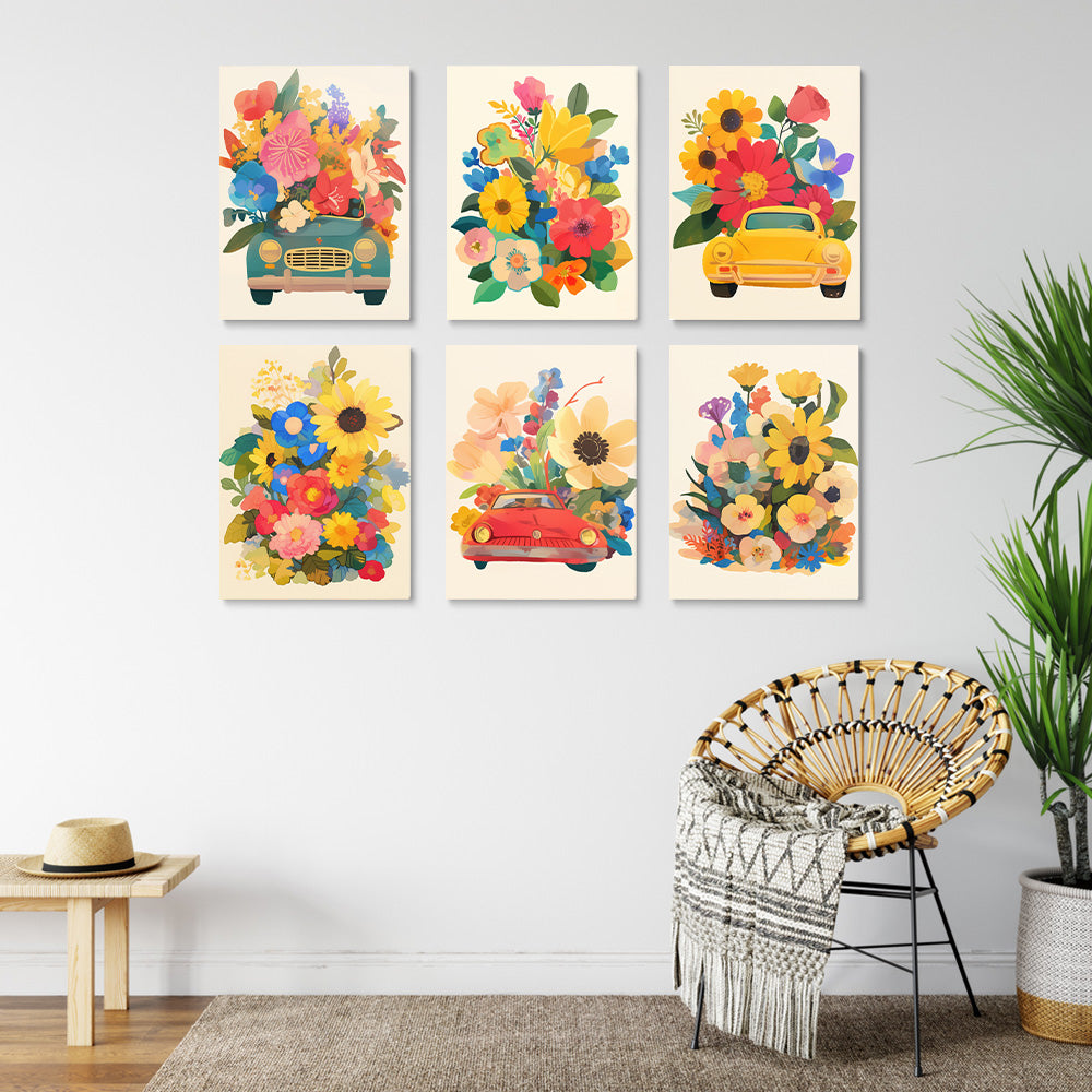 Hermosas Flores en los Coches 6 Partes Mini Pintar por Números