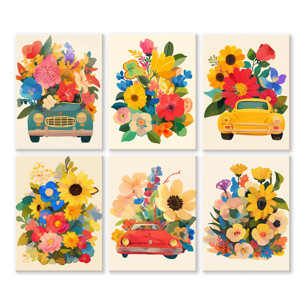 Hermosas Flores en los Coches 6 Partes Mini Pintar por Números