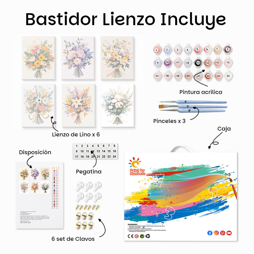 Hermosos Ramos de Flores 6 Partes Mini Pintar por Números