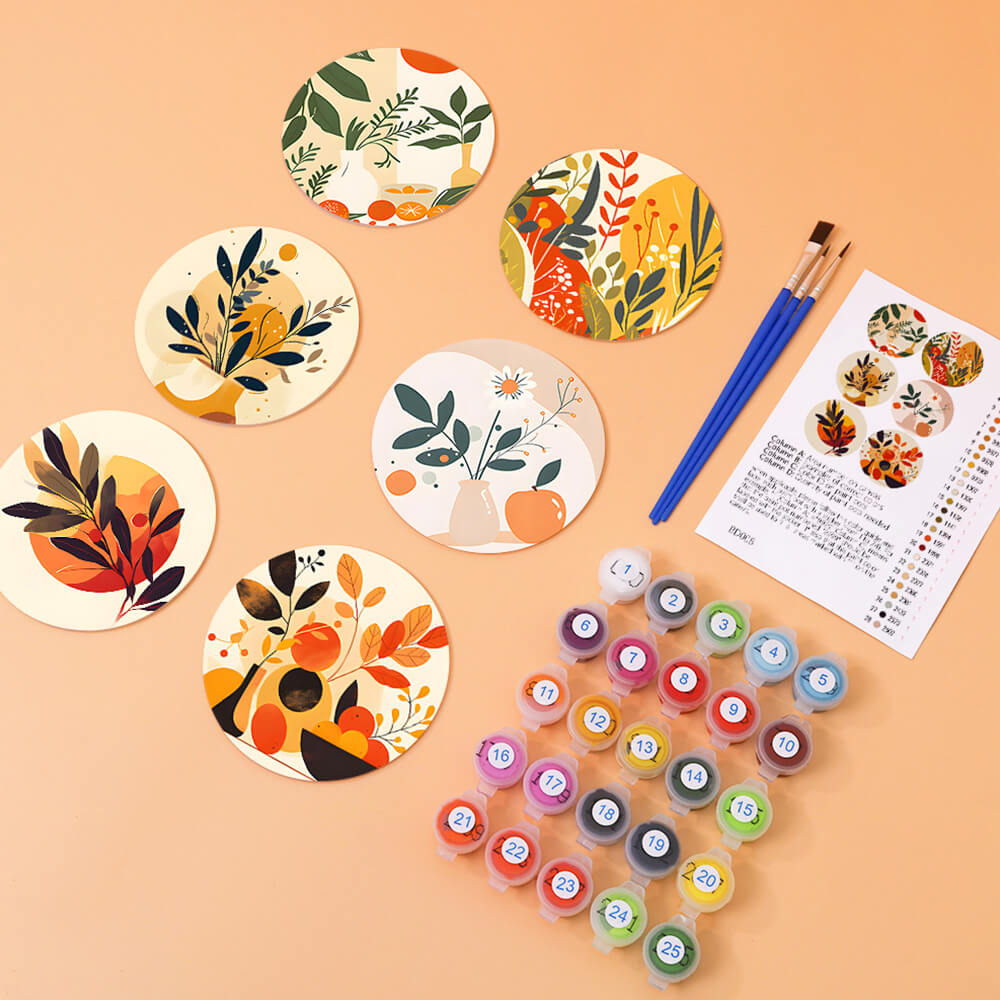 Hojas de Otoño en Maceta 6 Posavasos Pintar por Números
