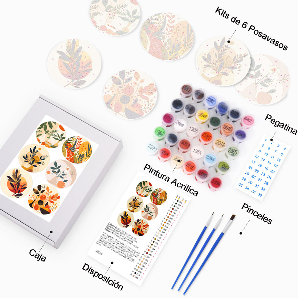 Hojas de Otoño en Maceta 6 Posavasos Pintar por Números