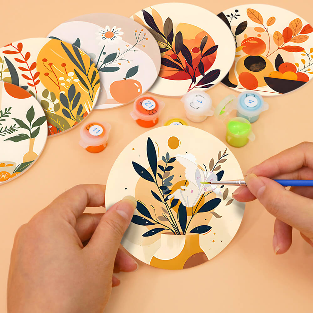 Hojas de Otoño en Maceta 6 Posavasos Pintar por Números