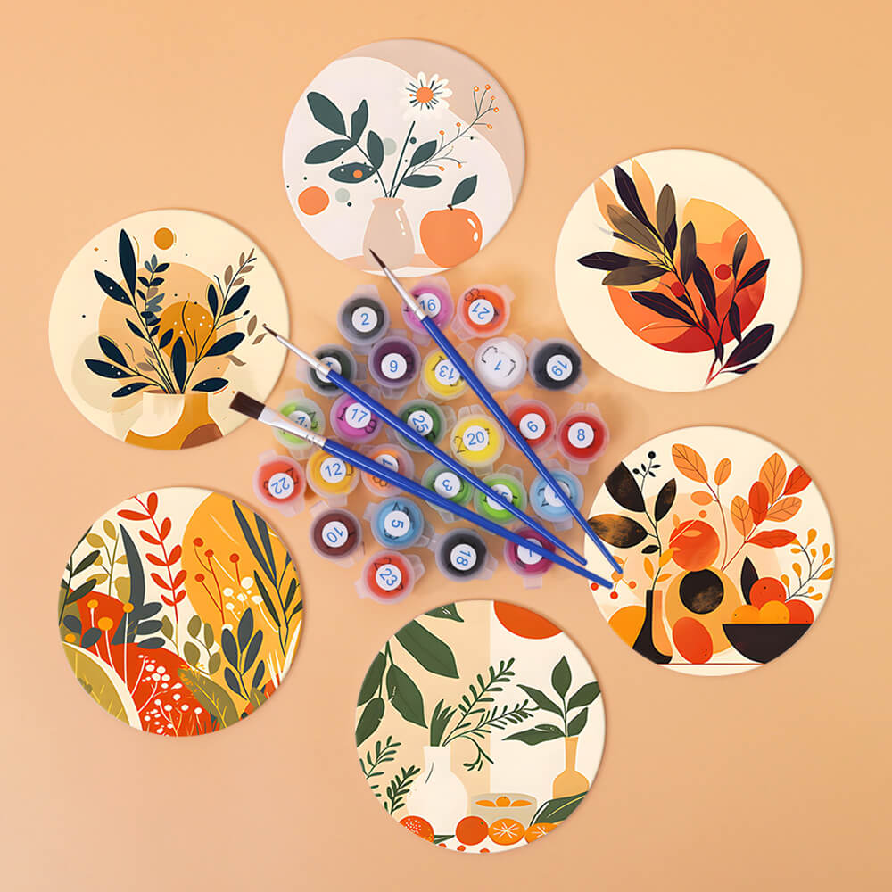 Hojas de Otoño en Maceta 6 Posavasos Pintar por Números