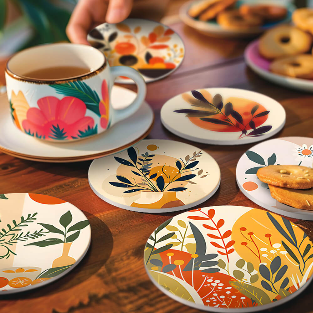 Hojas de Otoño en Maceta 6 Posavasos Pintar por Números