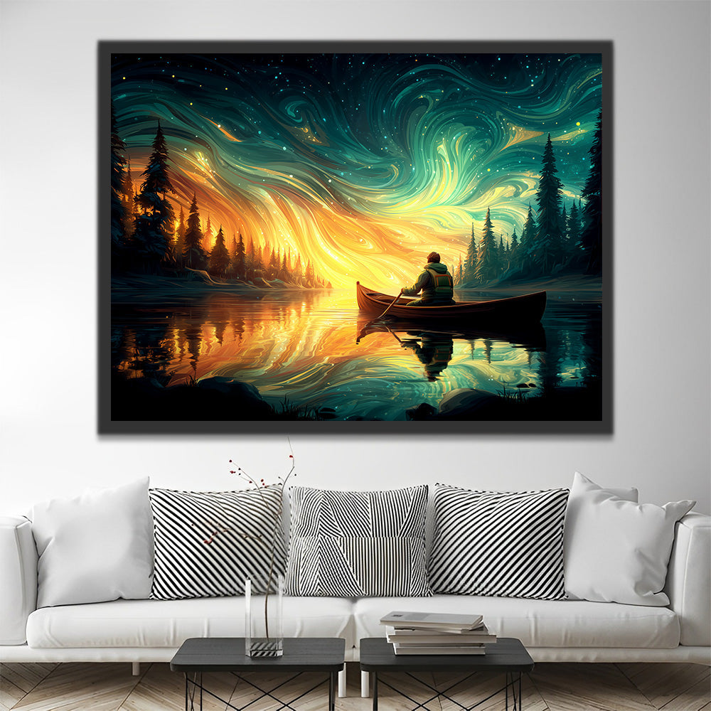 Hombre Bogando bajo Aurora Verde Dorada Pintar por Números