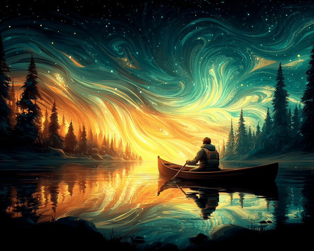 Hombre Bogando bajo Aurora Verde Dorada Pintar por Números