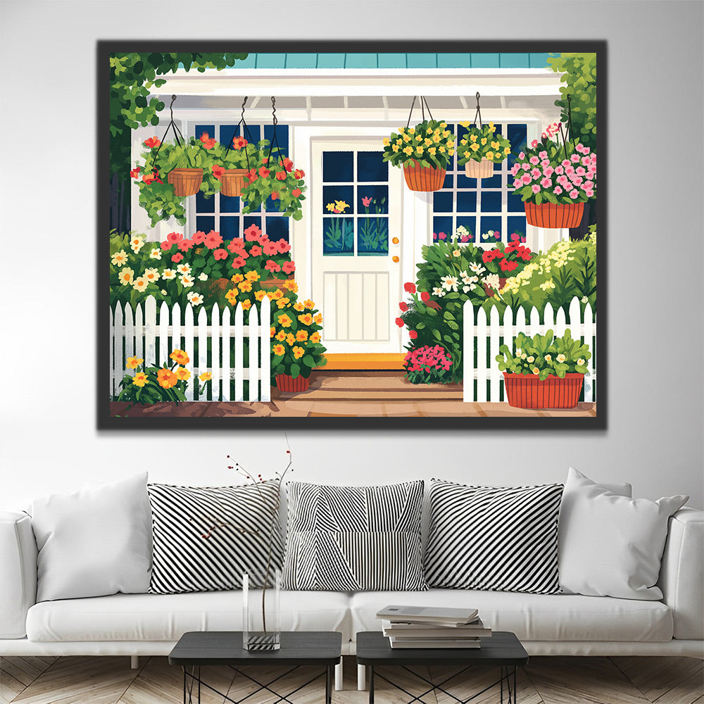 Ilustración de Casita Blanca Rodeada de Flores Pintar por Números