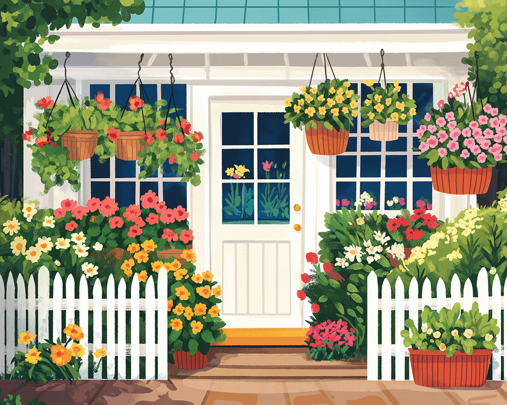 Ilustración de Casita Blanca Rodeada de Flores Pintar por Números