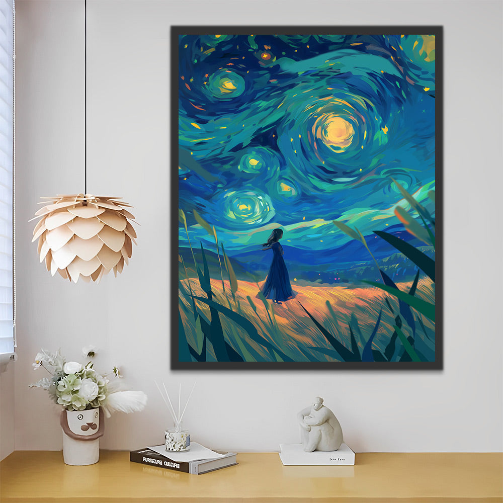 Ilustración de Chica en el Campo en la Noche Estrellada Pintar por Números