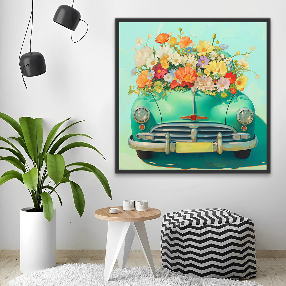 Ilustración de Coche Verde con Flores Coloridas Pintar por Números