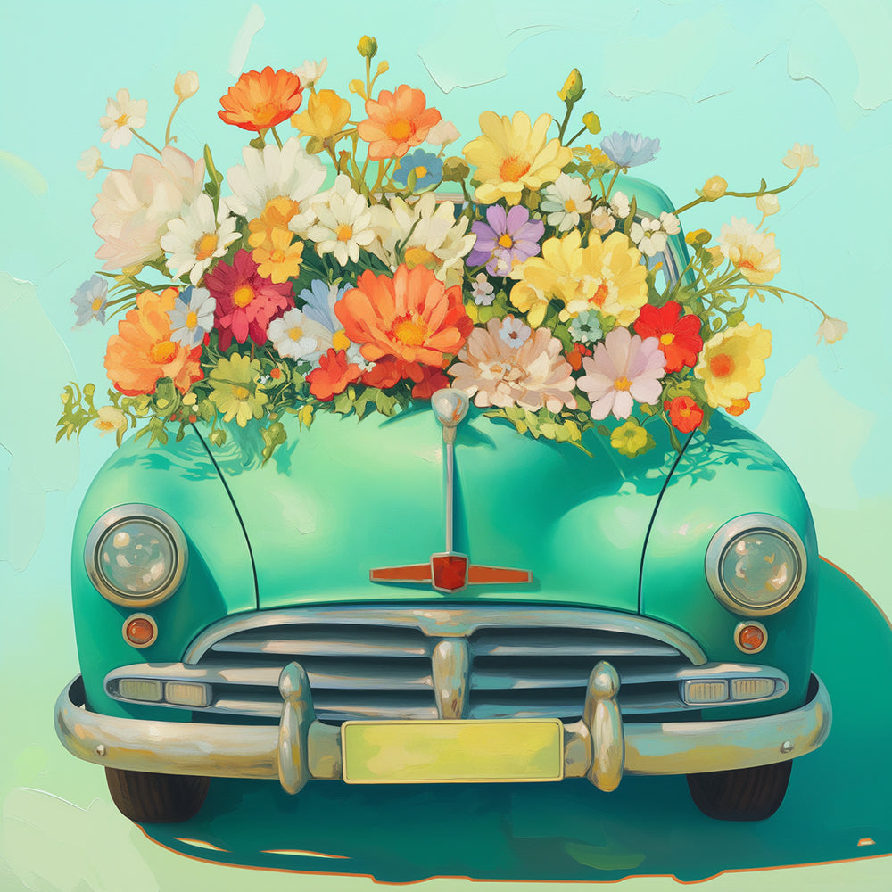 Ilustración de Coche Verde con Flores Coloridas Pintar por Números