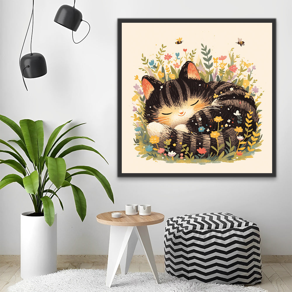 Ilustración de Gato Negro Lindo Dormido en las Flores Pintar por Números