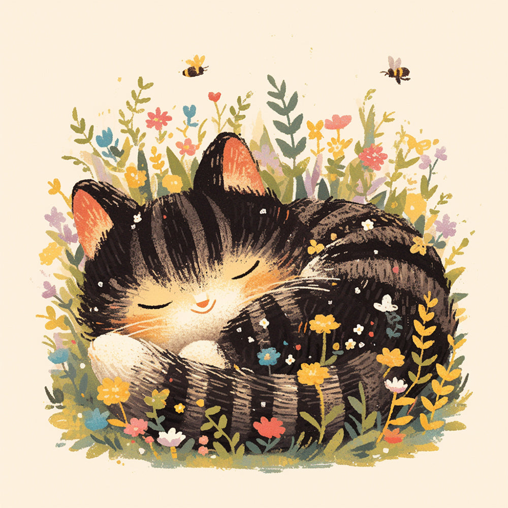Ilustración de Gato Negro Lindo Dormido en las Flores Pintar por Números
