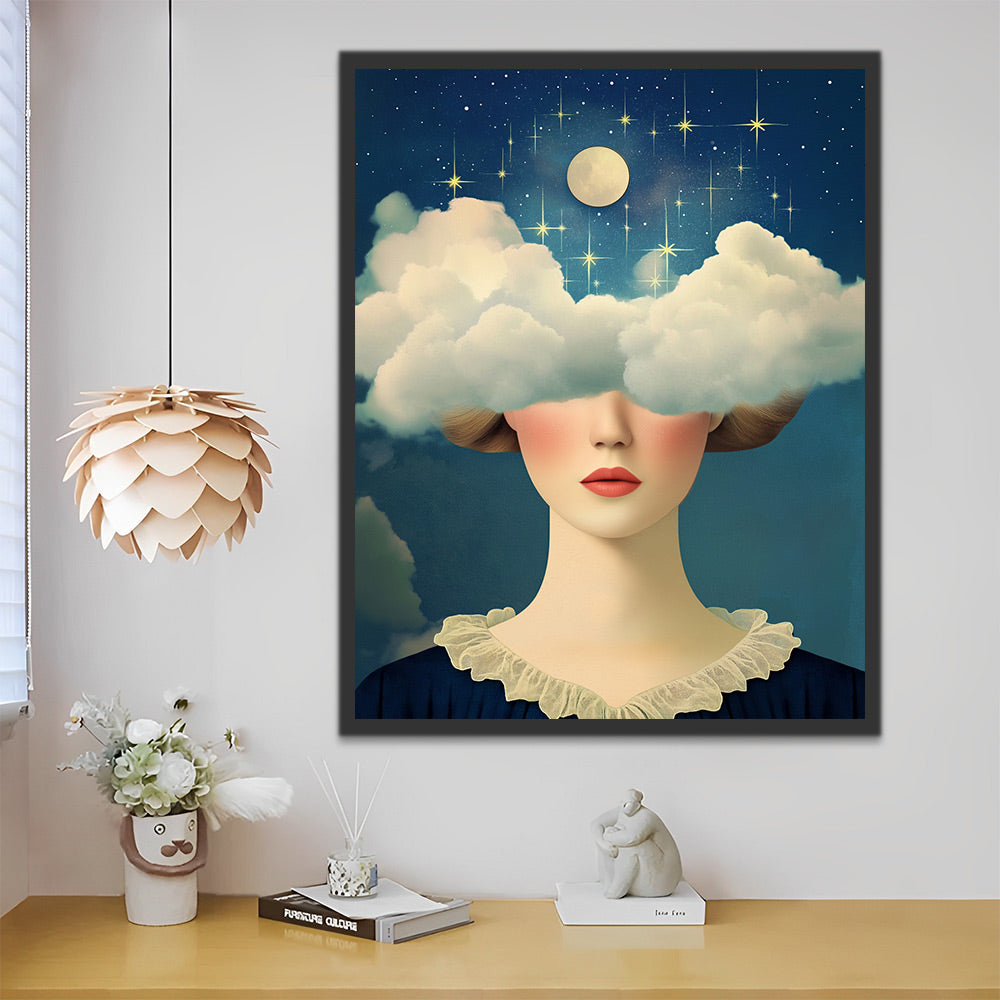 Ilustración de Mujer con Ojos Cubiertos de Nubes y la Luna Pintar por Números