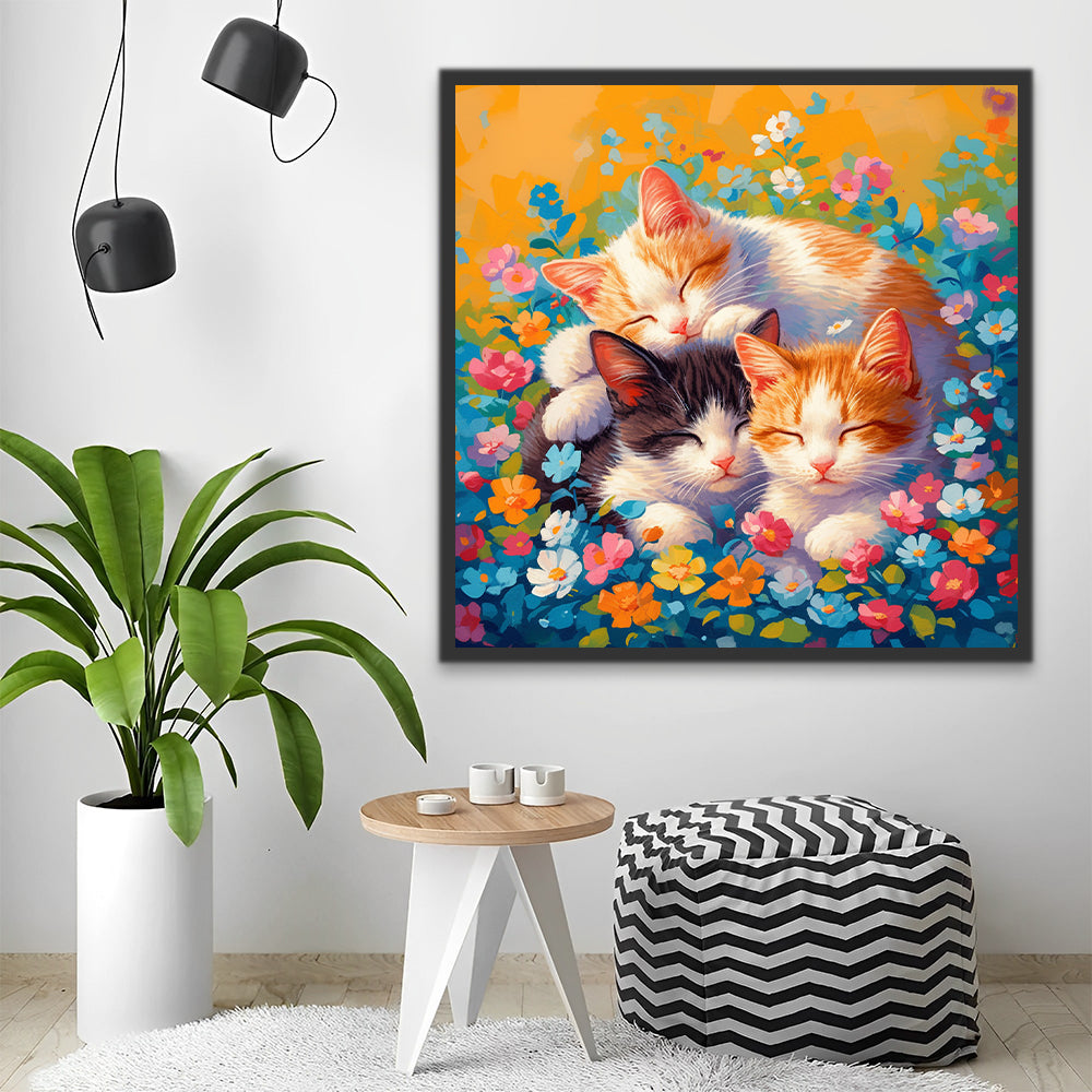 Ilustración de Tres Gatos Dormidos en las Flores Coloridas Pintar por Números
