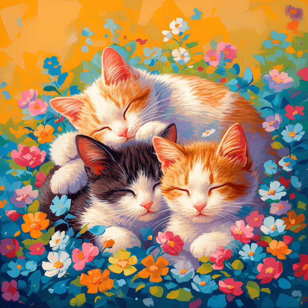 Ilustración de Tres Gatos Dormidos en las Flores Coloridas Pintar por Números