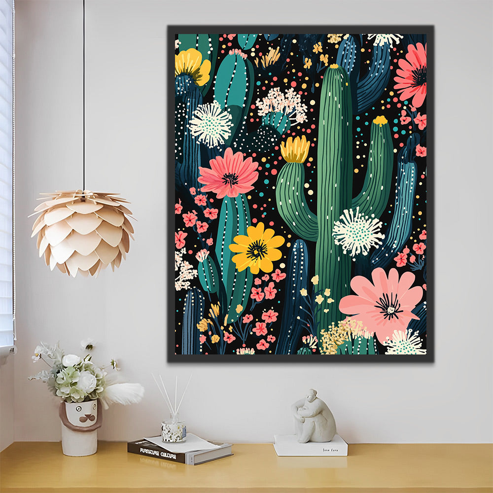 Ilustración Hermosa de Cactos con Flores Pintar por Números