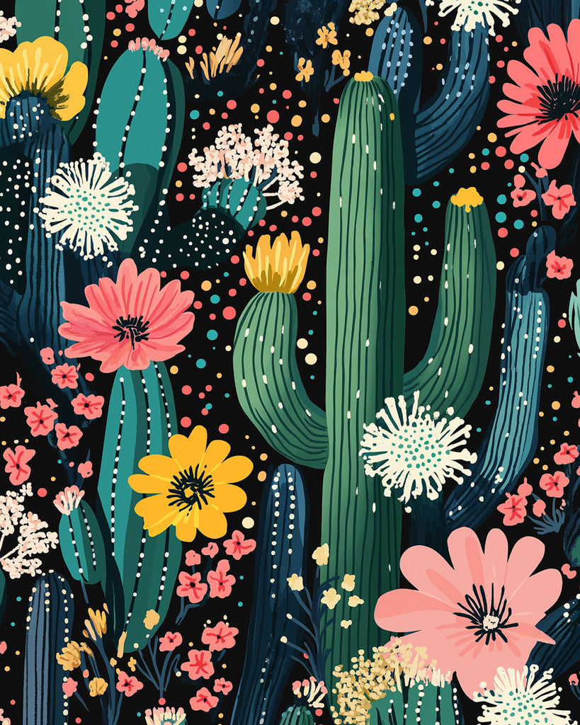 Ilustración Hermosa de Cactos con Flores Pintar por Números