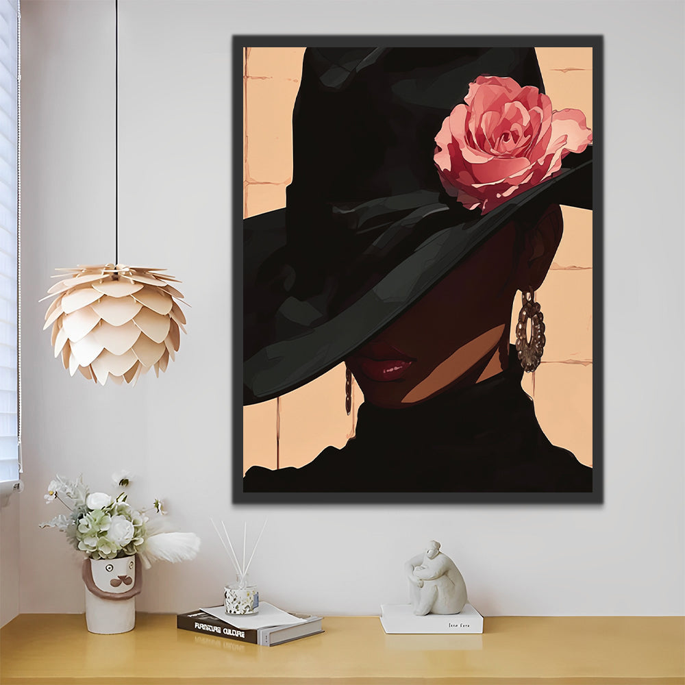 Ilustración Plana de Mujer con Sombrero Negro y Rosa Pintar por Números