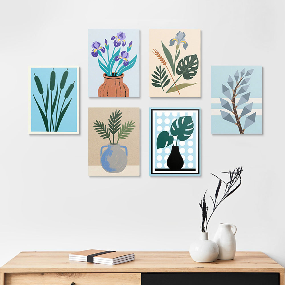 Iris y Hojas de Monstera en Jarrones 6 Partes Mini Pintar por Números